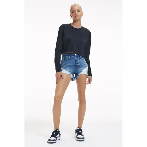 Good American Bombshell High Waist Distressed Denim Jean Shorts Blue Women 2 - Picture 1 of 12
